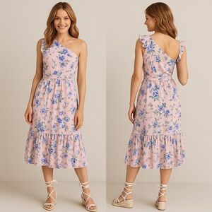 ee:some Pink Blue Floral One Shoulder Midi Dress Size M NWT